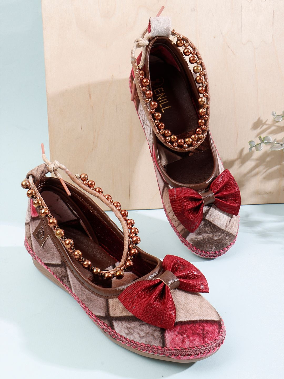 Denill Printed Slip On Beaded Ankle Strap & Bow Ballerinas