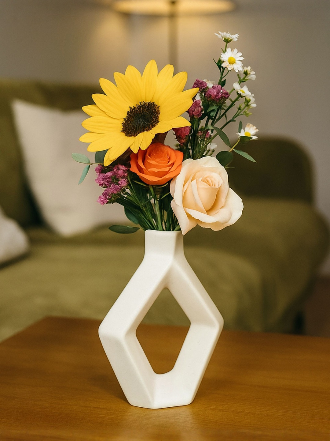 GLOBALLY INDIAN Off-White Matte Finished Ceramic Modern Geometric Flower Vase