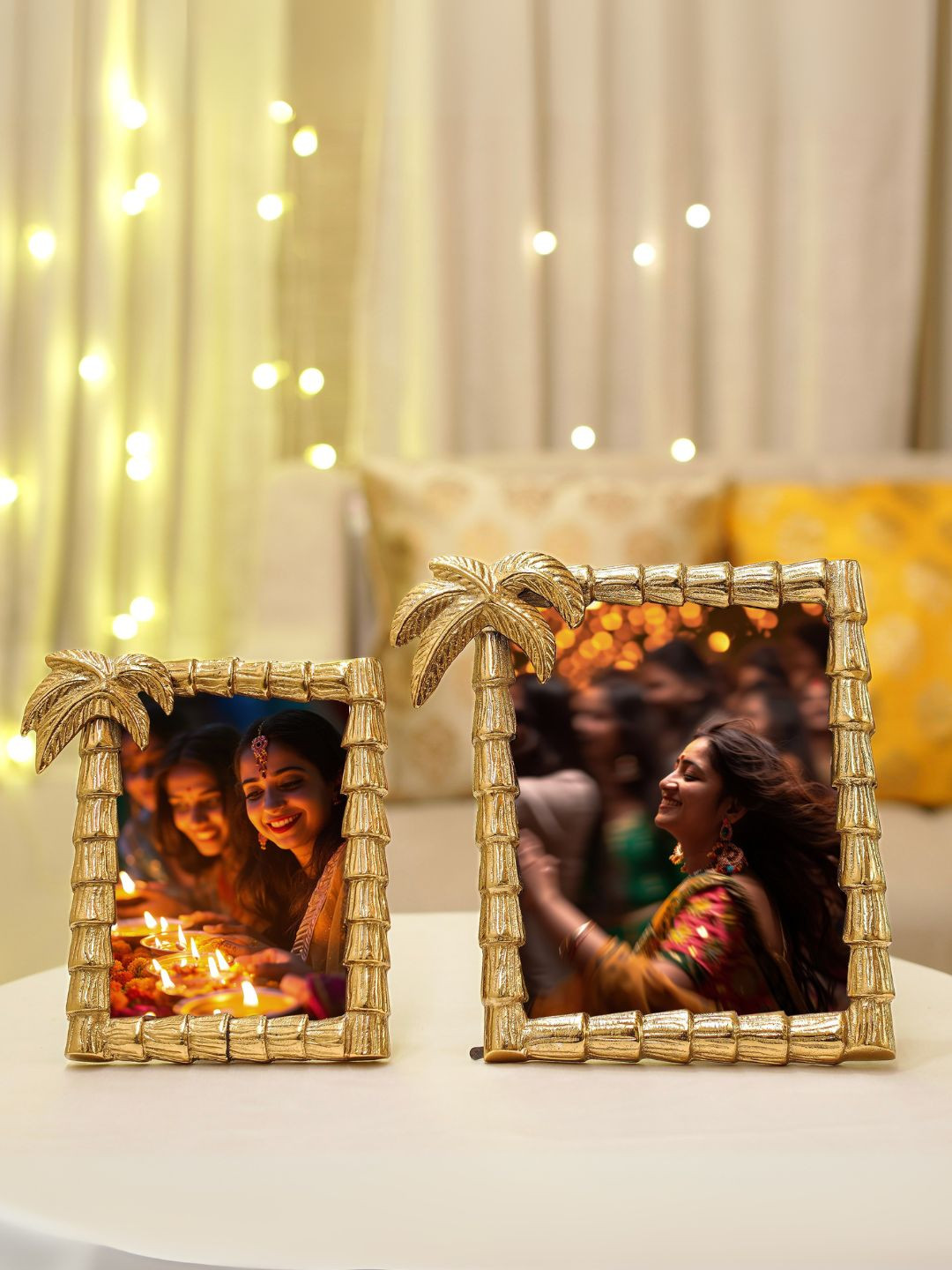 BEHOMA Golden Metal Table-Top Wall Hanging Small & Large Palm Tree Design Photo Frame