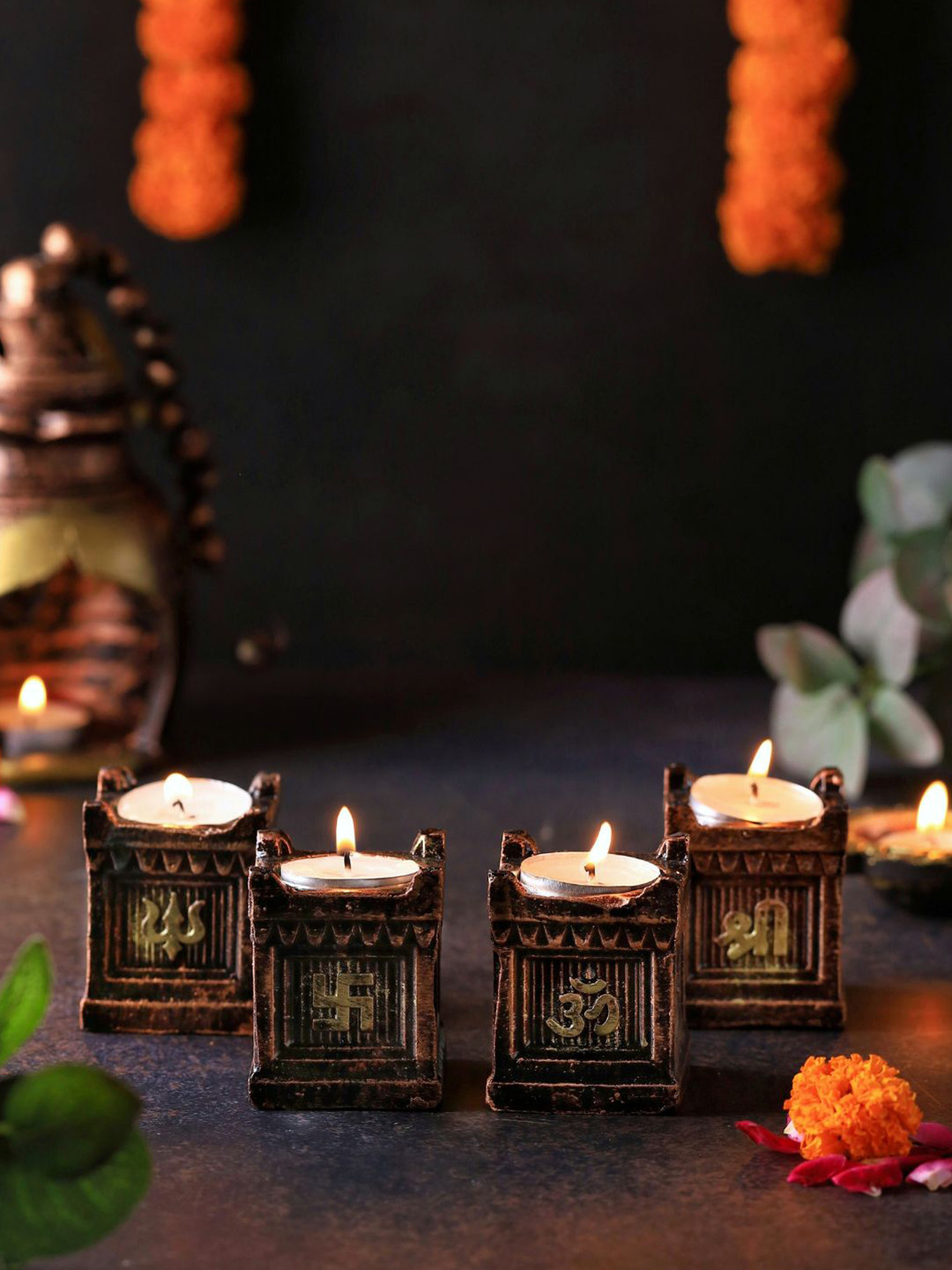 The handicraftian 4-Pcs Bronze-Coloured Tulsi DesignedDiya