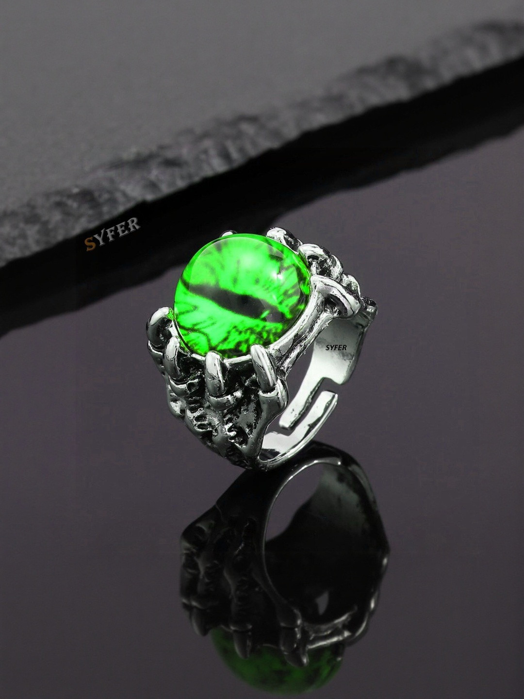 J.S ENTERPRISES Unisex Silver-Tone Green Eye Stainless Steel Finger Ring