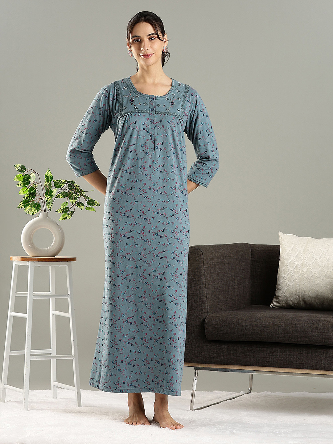 9shines Label Printed Full Sleeves Maxi Nightdress