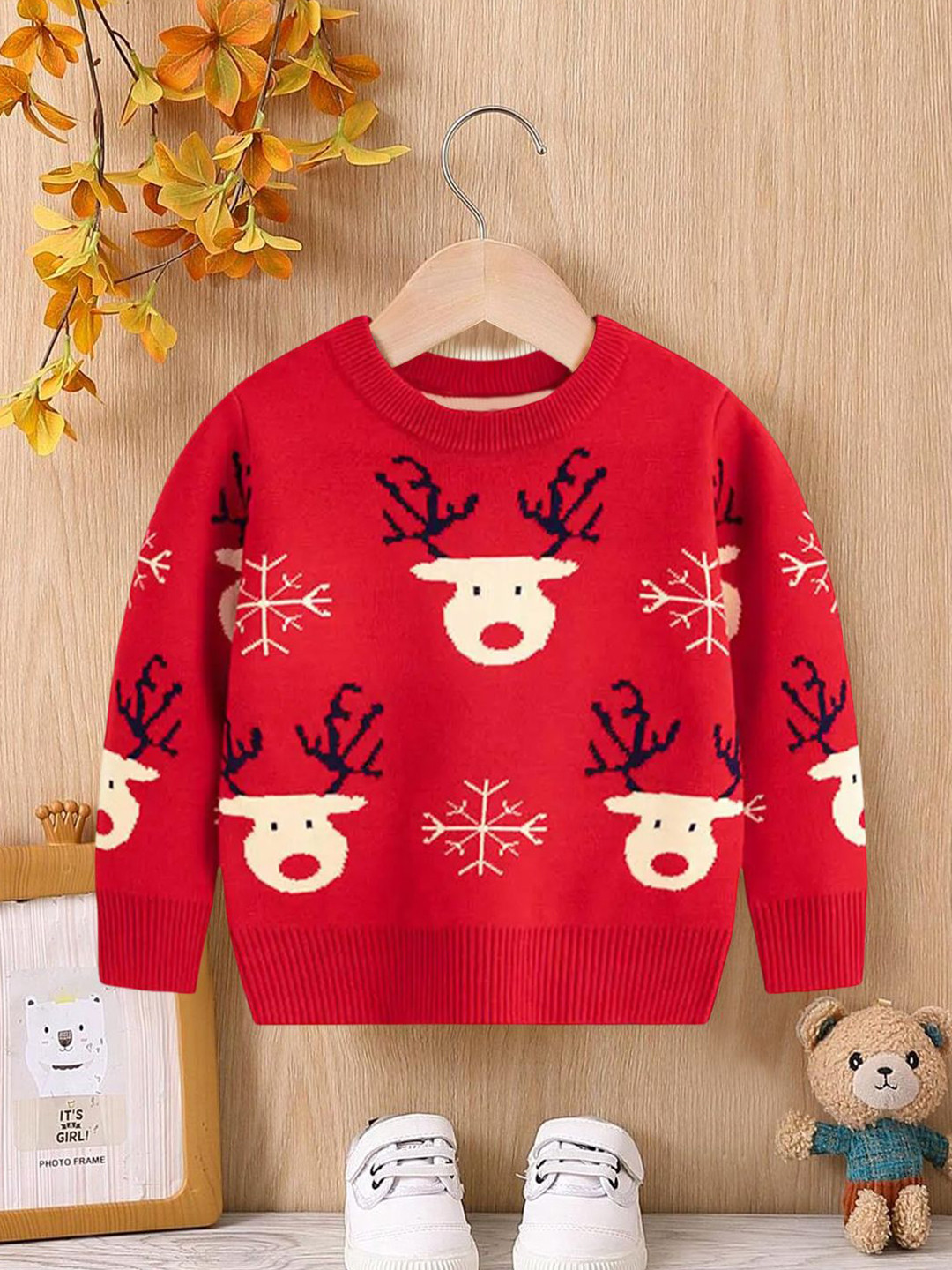 YK Boys Self-Design Reindeer Face Pattern Pullover Sweaters