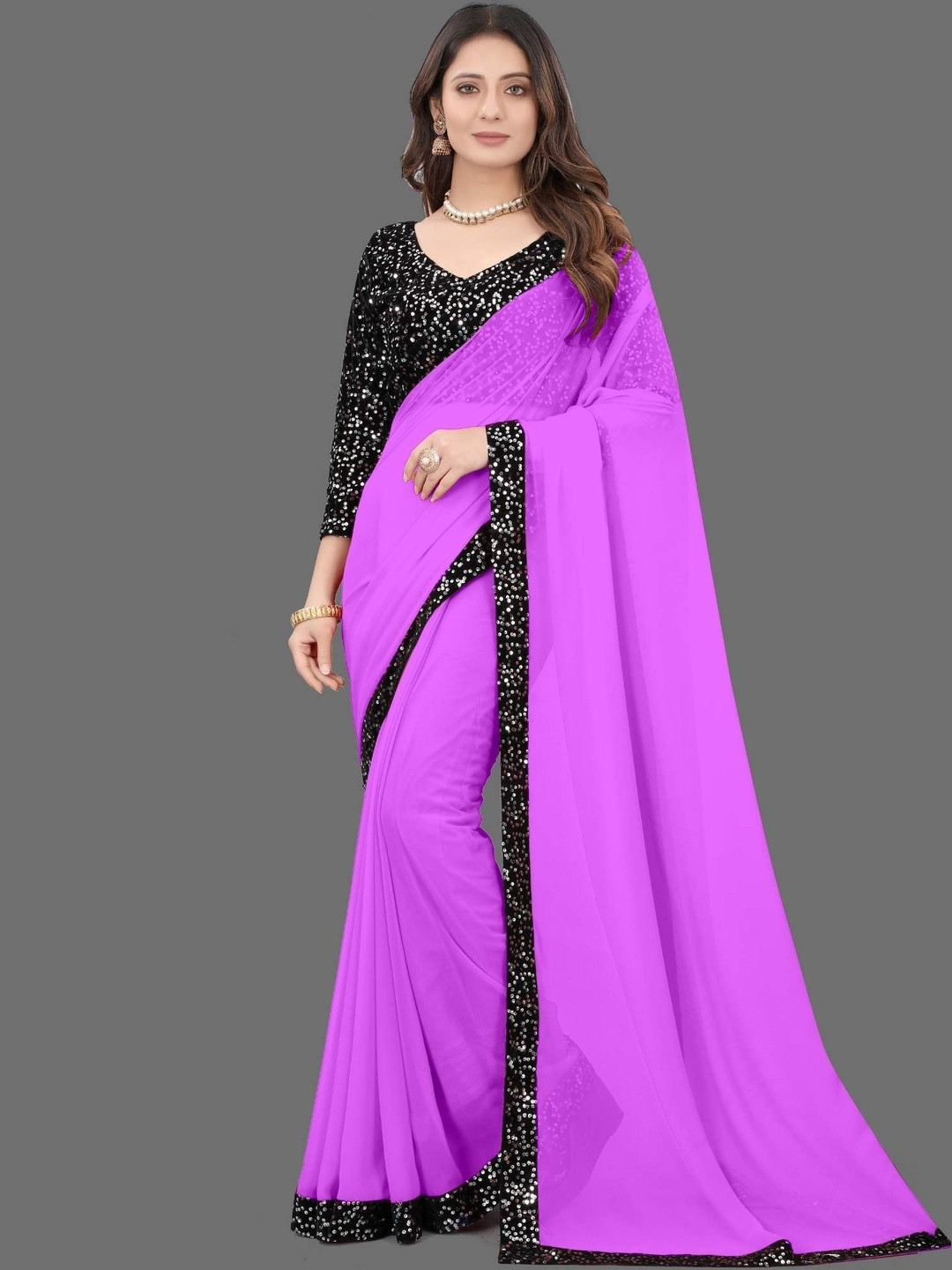 Women Elegant Black Velvet Saree with Designer Sequin Work