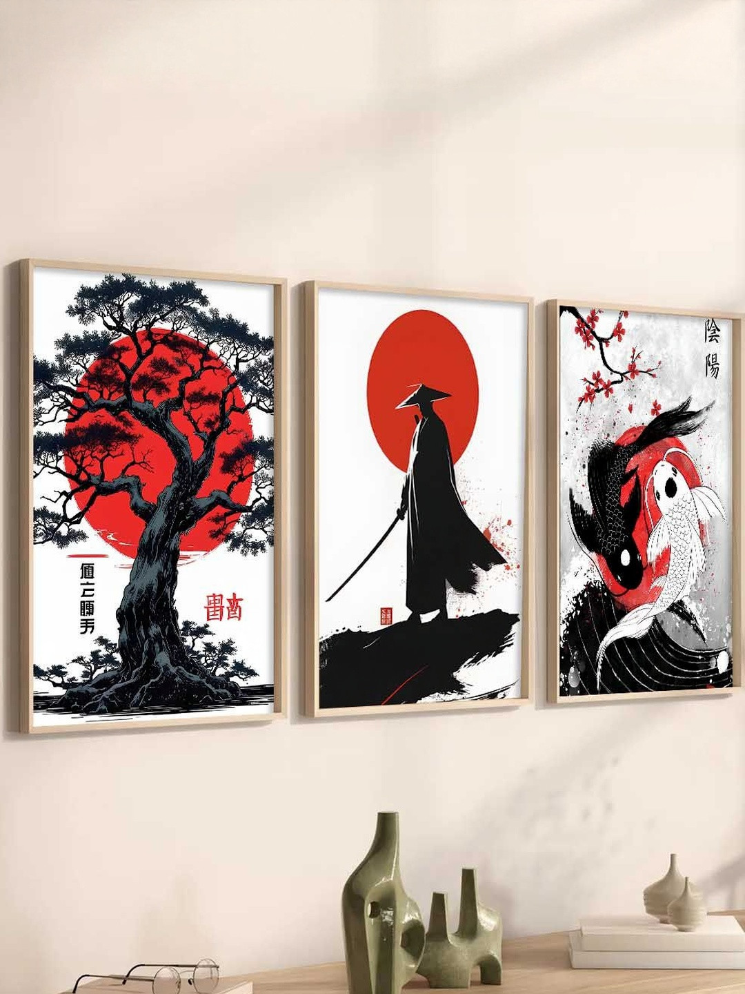 Kotart White & Brown 3 Pieces Samurai Printed Wooden Wall Arts