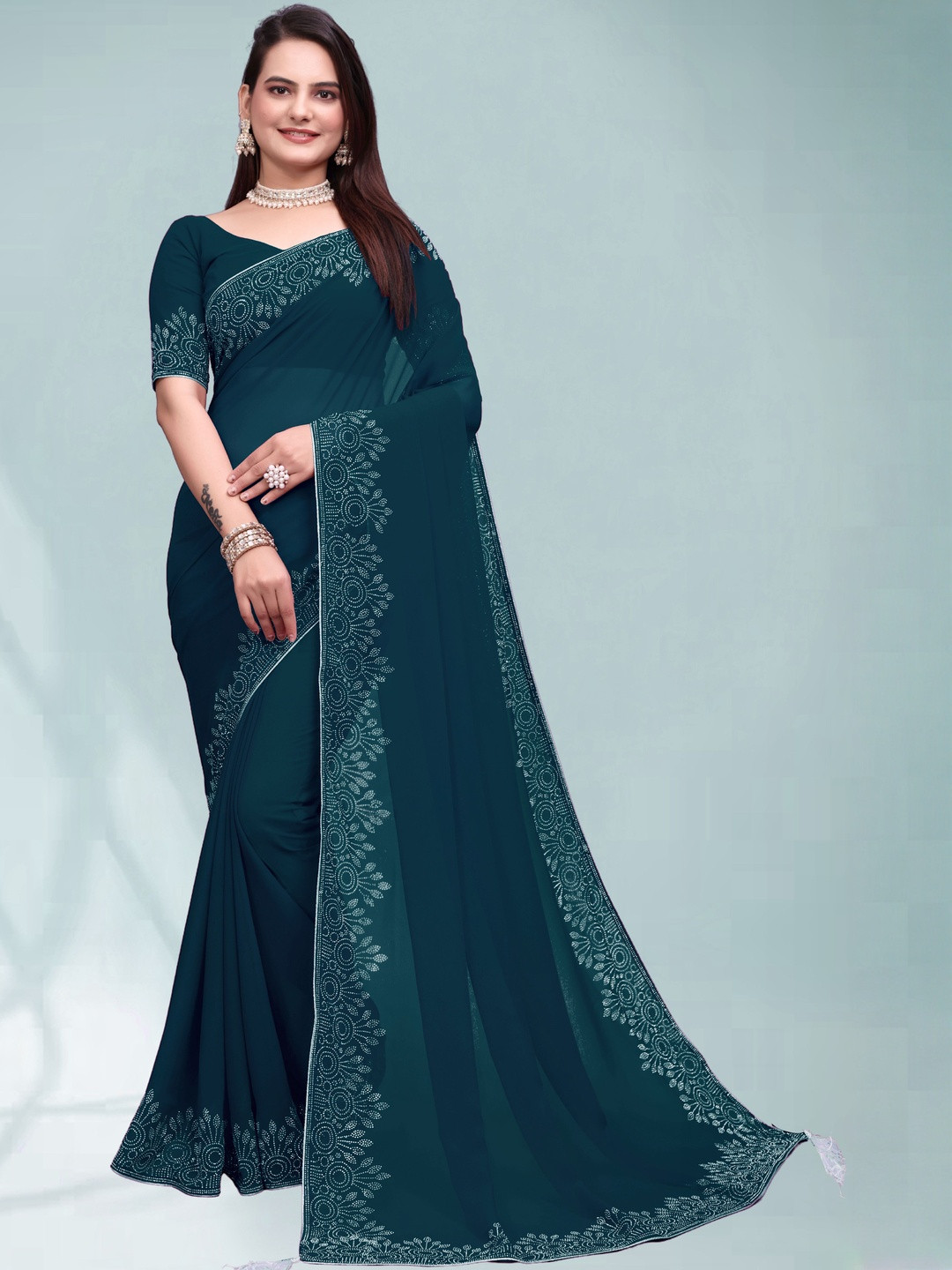 MEAVEN FEB Embellished Pure Georgette Exquisite Diamond Embellishment Heavy Work Saree