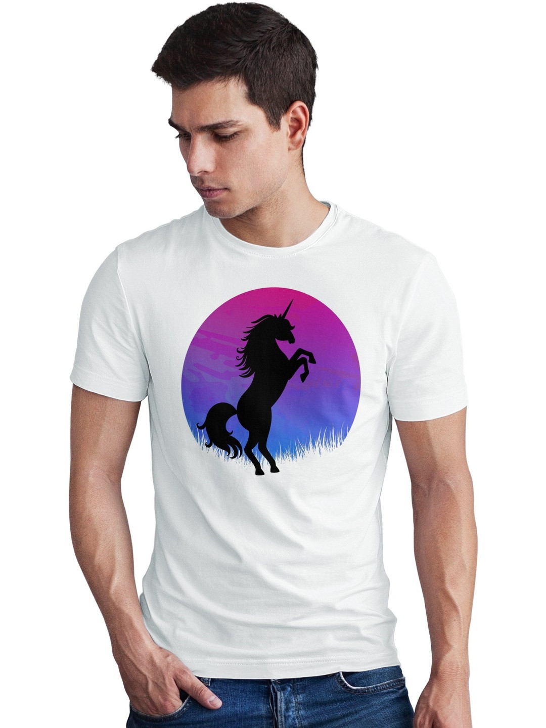 Seekbuylove Men Unicorn Printed Round Neck Bio Finish Cotton T-shirt