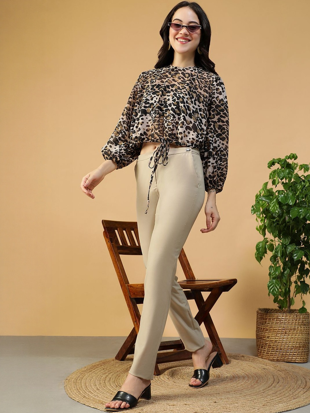 Oxolloxo Woman Animal Print Puff Sleeve Crop Top