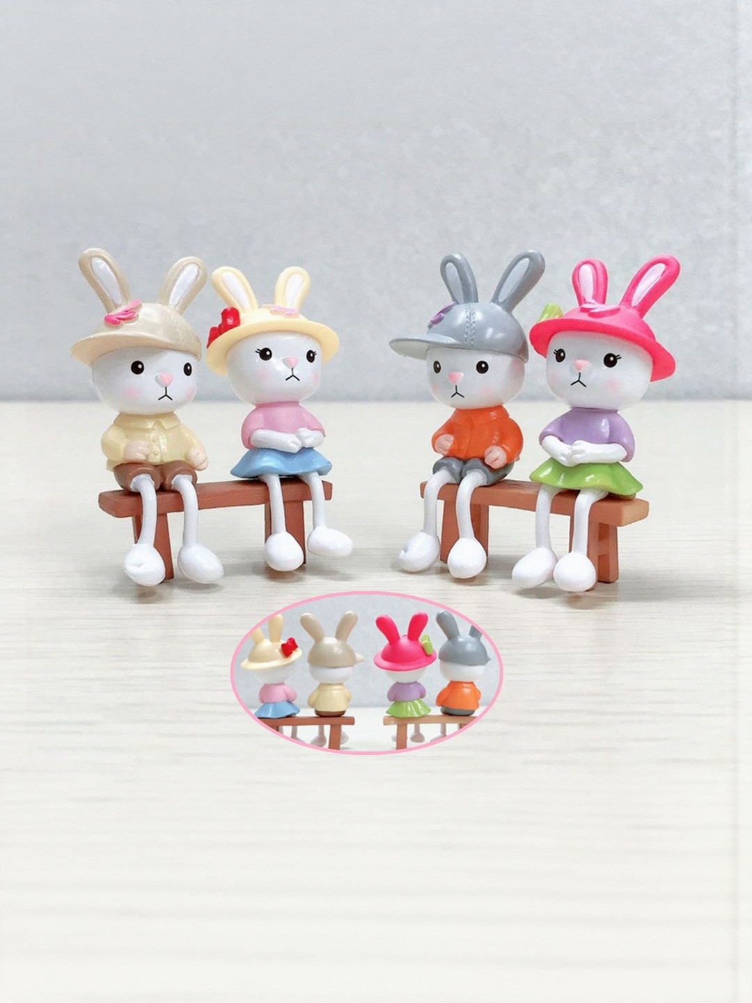 DEALSEVEN FASHION White & Pink 4 Pcs Long-legged Bunny Mini Figurine Miniature Showpieces