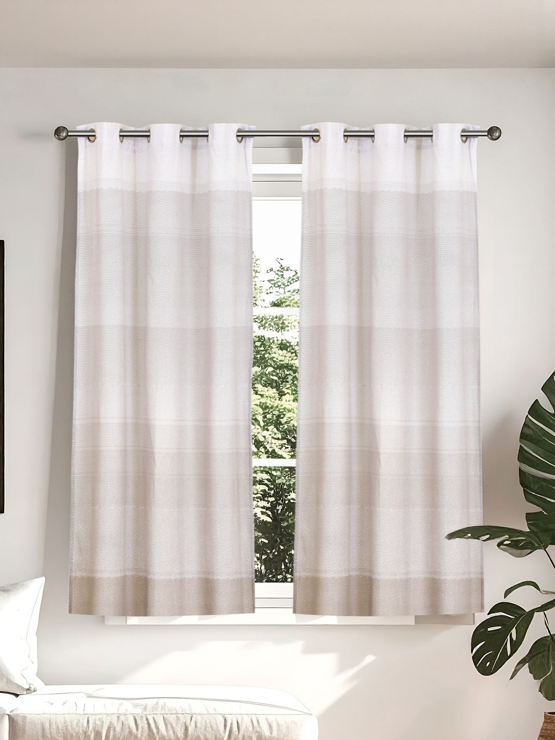 Home Centre Halo Modulus Brown & Cream Colored 2 Pieces Colourblocked Window Curtains