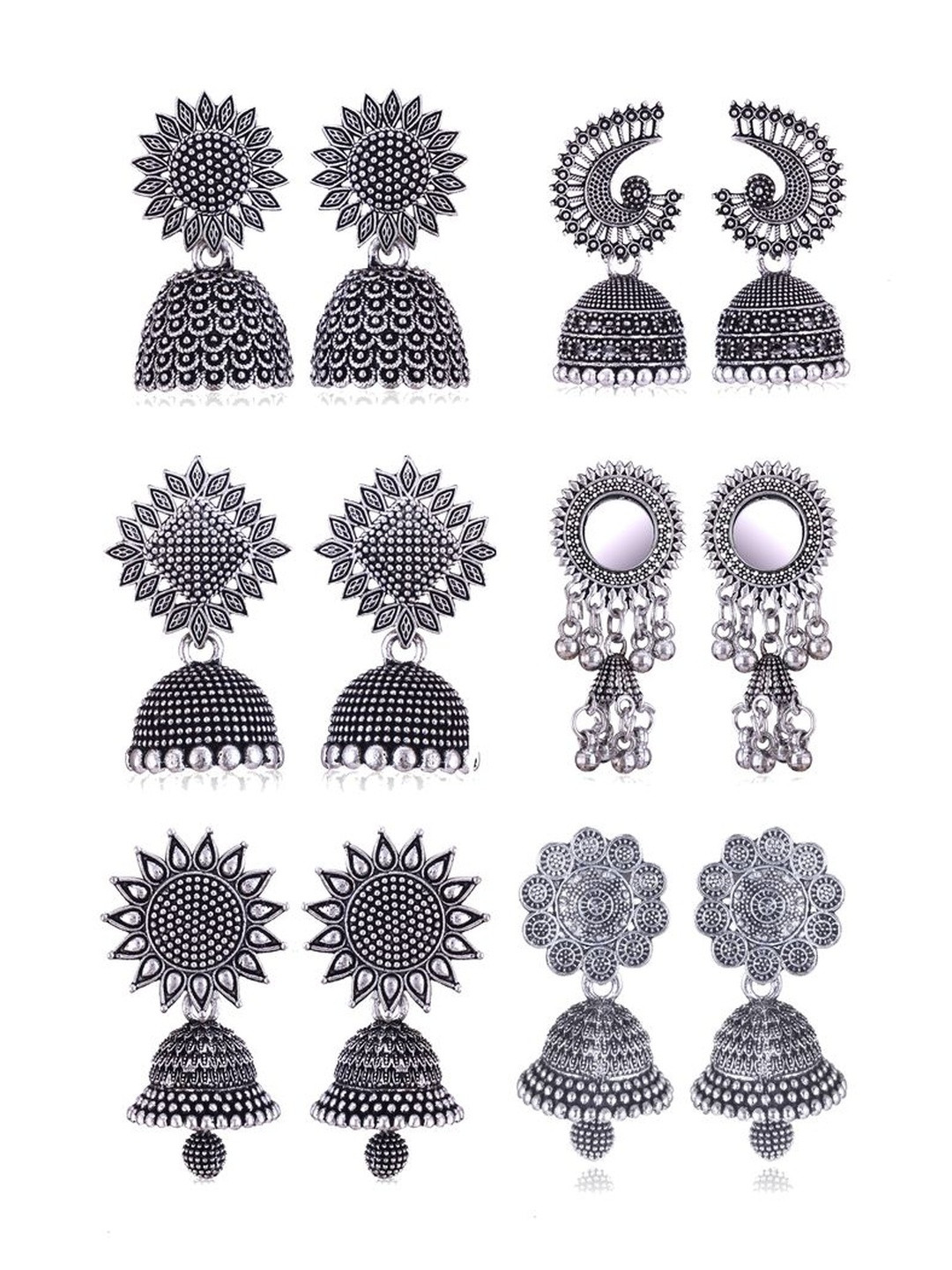MEENAZ Set Of 6 Women Oxidized Silver-Plated Jhumkas With Post and Back