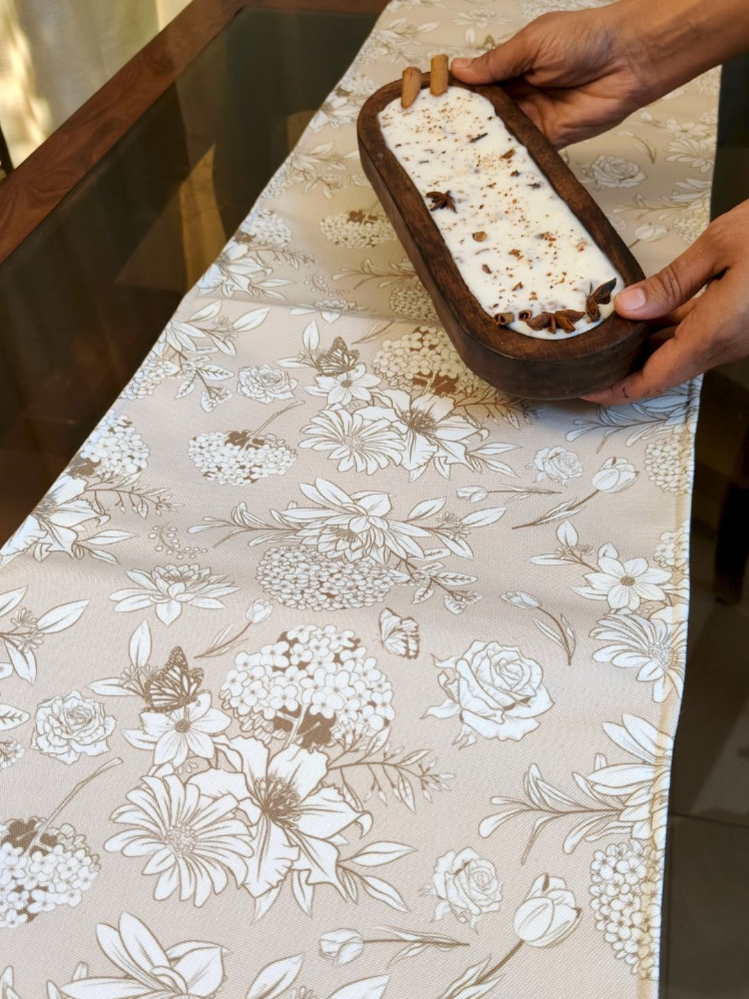 Akira Furnishings Beige & White Light Flower-Printed Dinning Table Runner