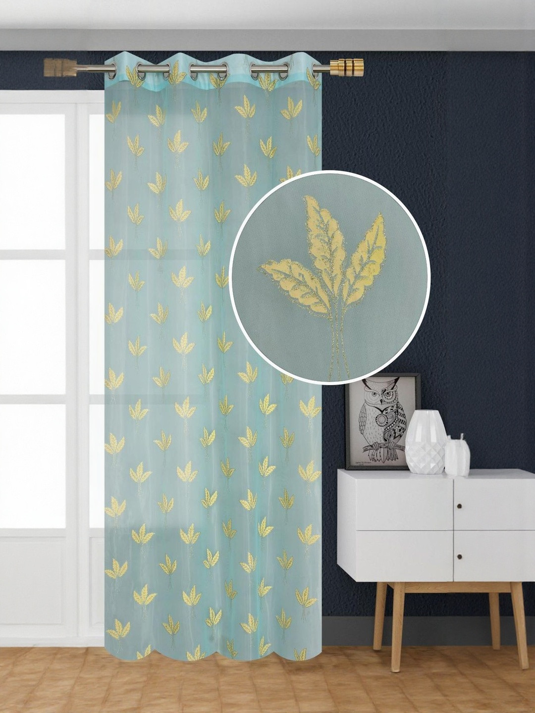Aura Turquoise Blue Floral Door Sheer Eyelet Curtain