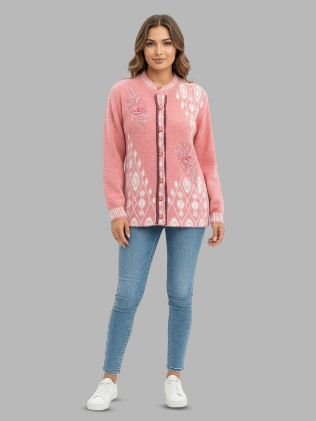 Gouri Women Round Neck Embroidered Long Sleeves Cardigan