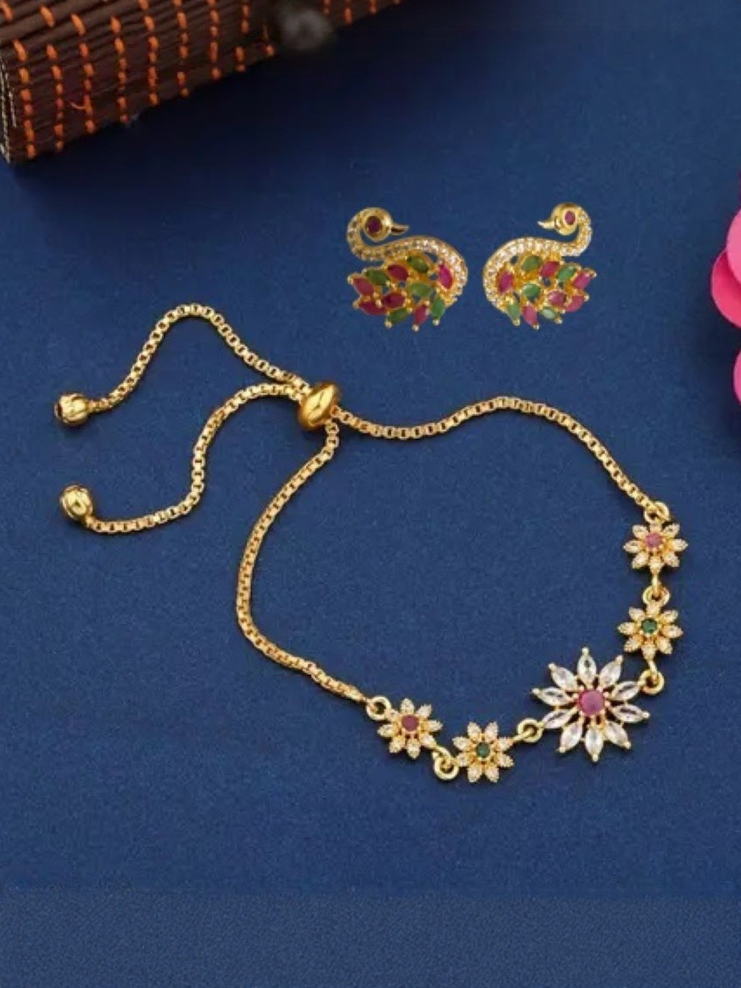 Laksh Enterprise Women Gold-Plated Brass Floral & Duck Designed Jewellery Set
