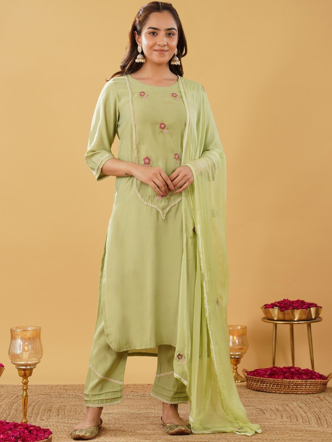 zuri Women Set of 3 Silk Blend Embroidered Kurta with Pant and Dupatta