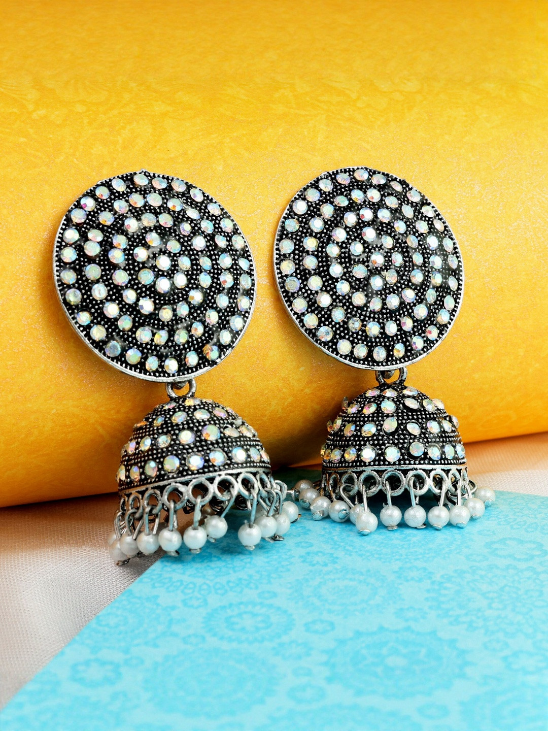 Just Devotional Women Oval Shaped Silver-Plated Drop Earrings
