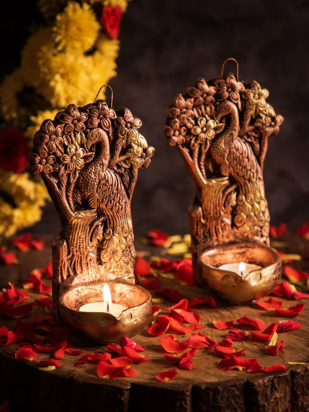 The handicraftian Bronze & Gold-Toned 2 Pieces Peacock Designed Terracotta Hanging Diya