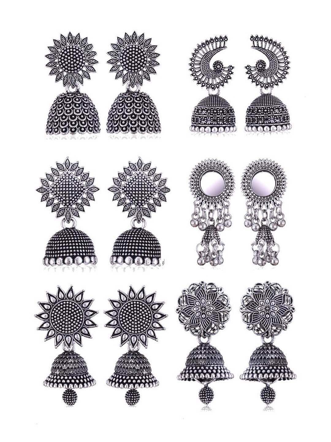 DIVASTRI Set Of 6 Women Oxidized Silver-Plated Jhumkas With Post and Back