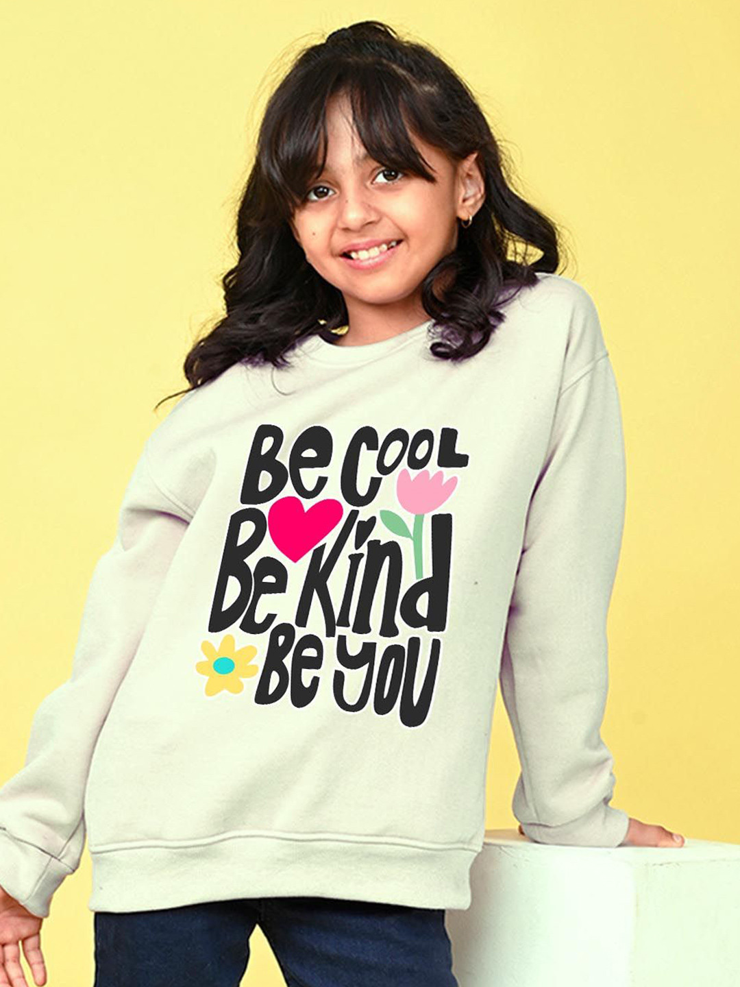 NUSYL Girls Be Cool Be Kind Printed Round Neck Full Sleeve Sweatshirt