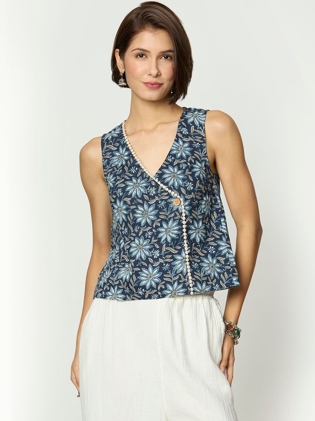 YURAA THE LABEL Floral Print Cotton Wrap Top