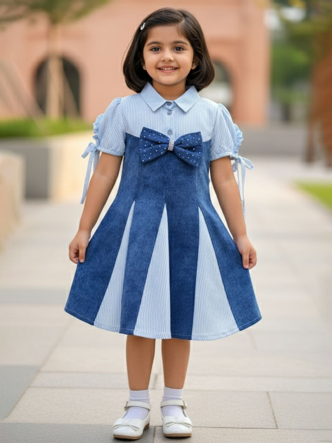 Lagorii Striped Printed Bow Style Shirt Collar Dress
