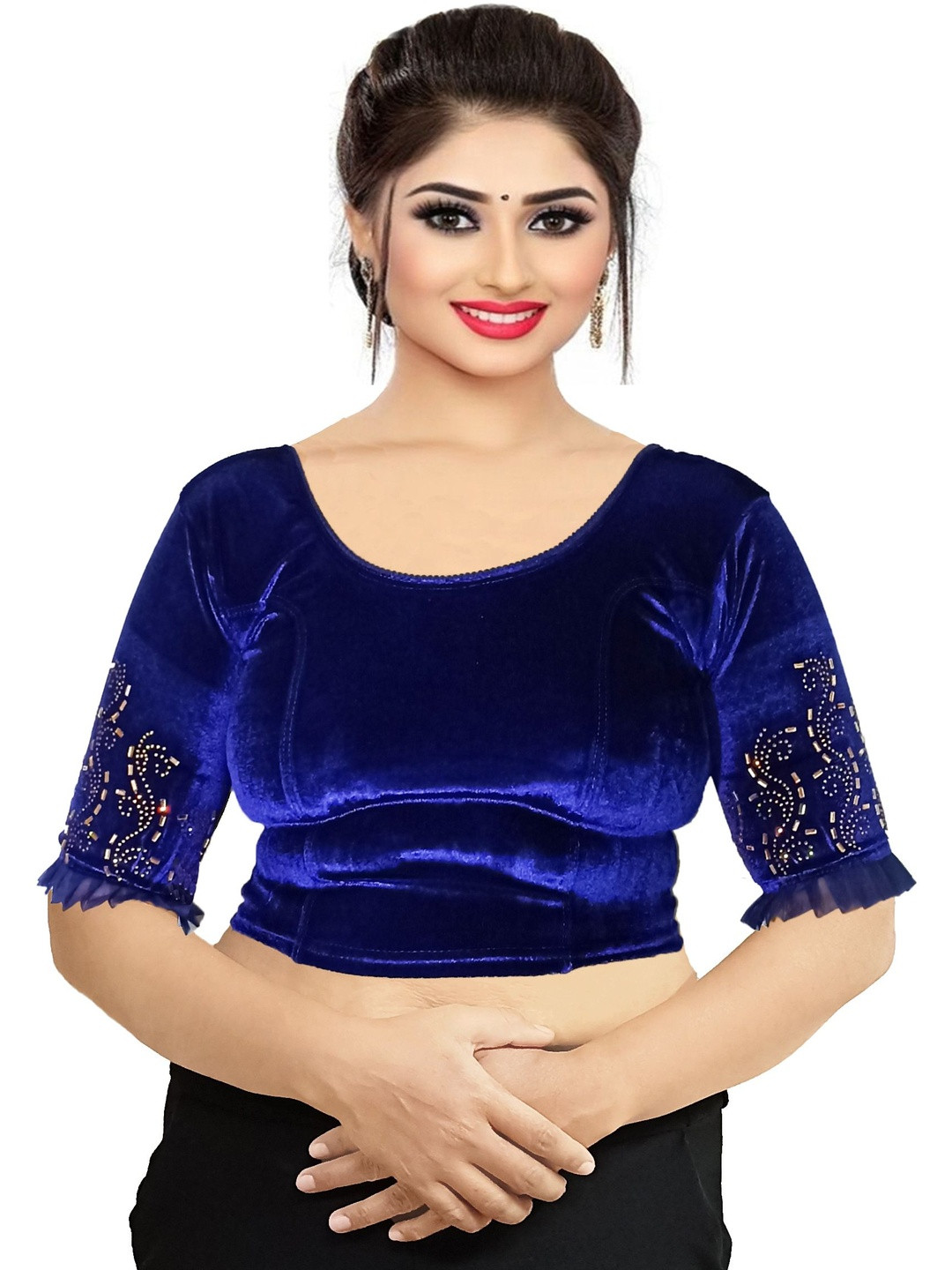 PU FASHION Women Readymade Stone Work Design Stretchable Velvet Blouse