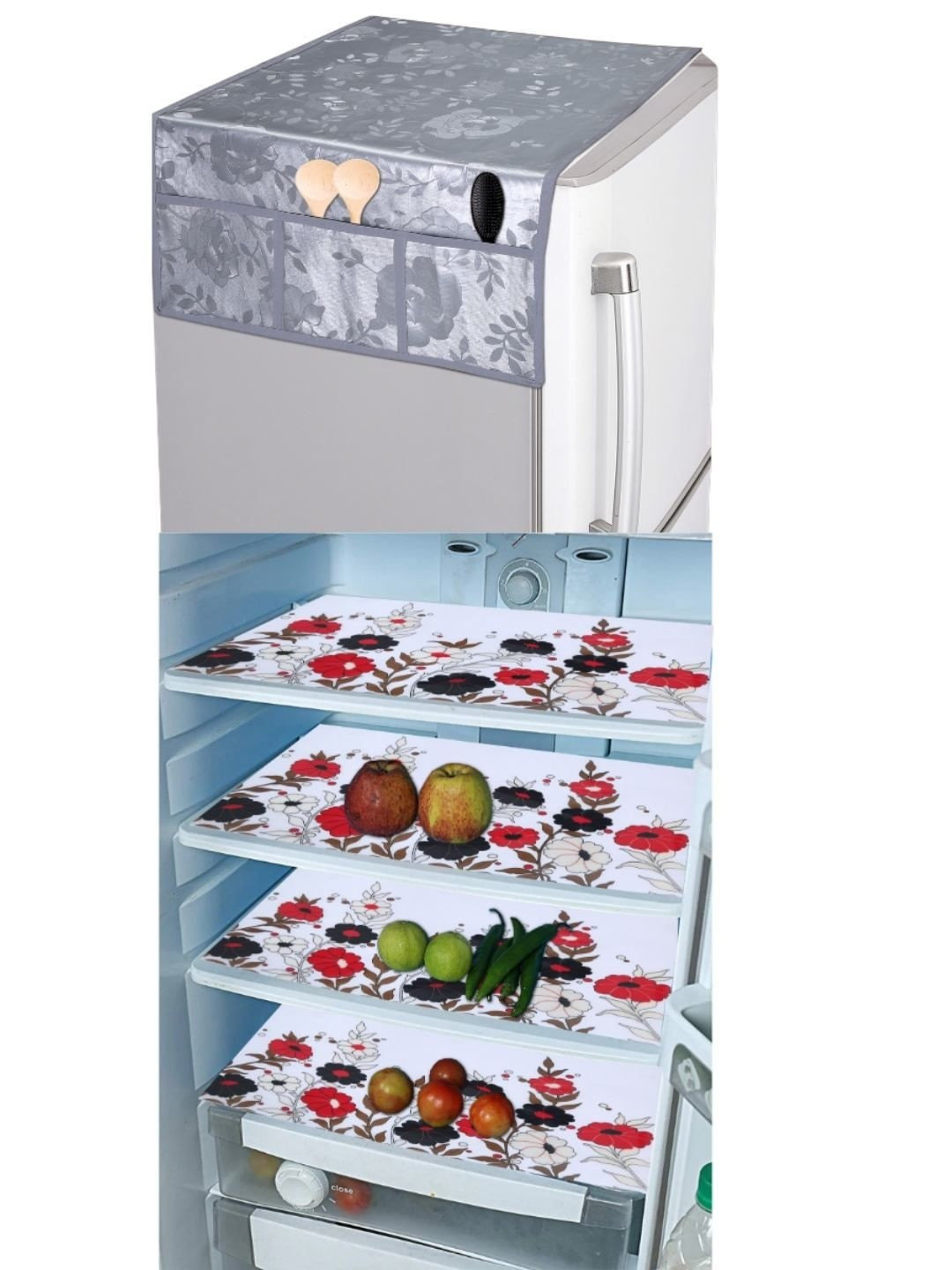 CROSMO Multi Color Printed Pack of 5 Plastic Fridge Top Cover and Fridge Mats