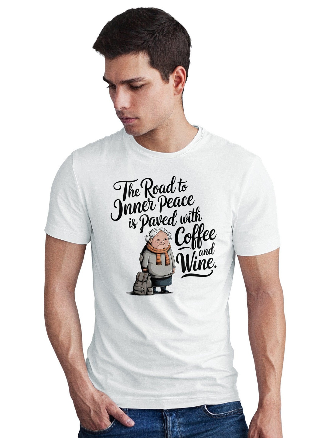 Seekbuylove Men Inner Peace Coffee Wine Round Neck Short Sleeves Bio Finish Cotton T-shirt