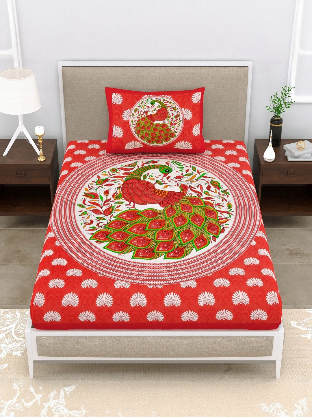 DHANOTA Red Printed Cotton 160 TC Single Bedsheet & 1 Pillow Cover 89.7 inch x 59.8 inch