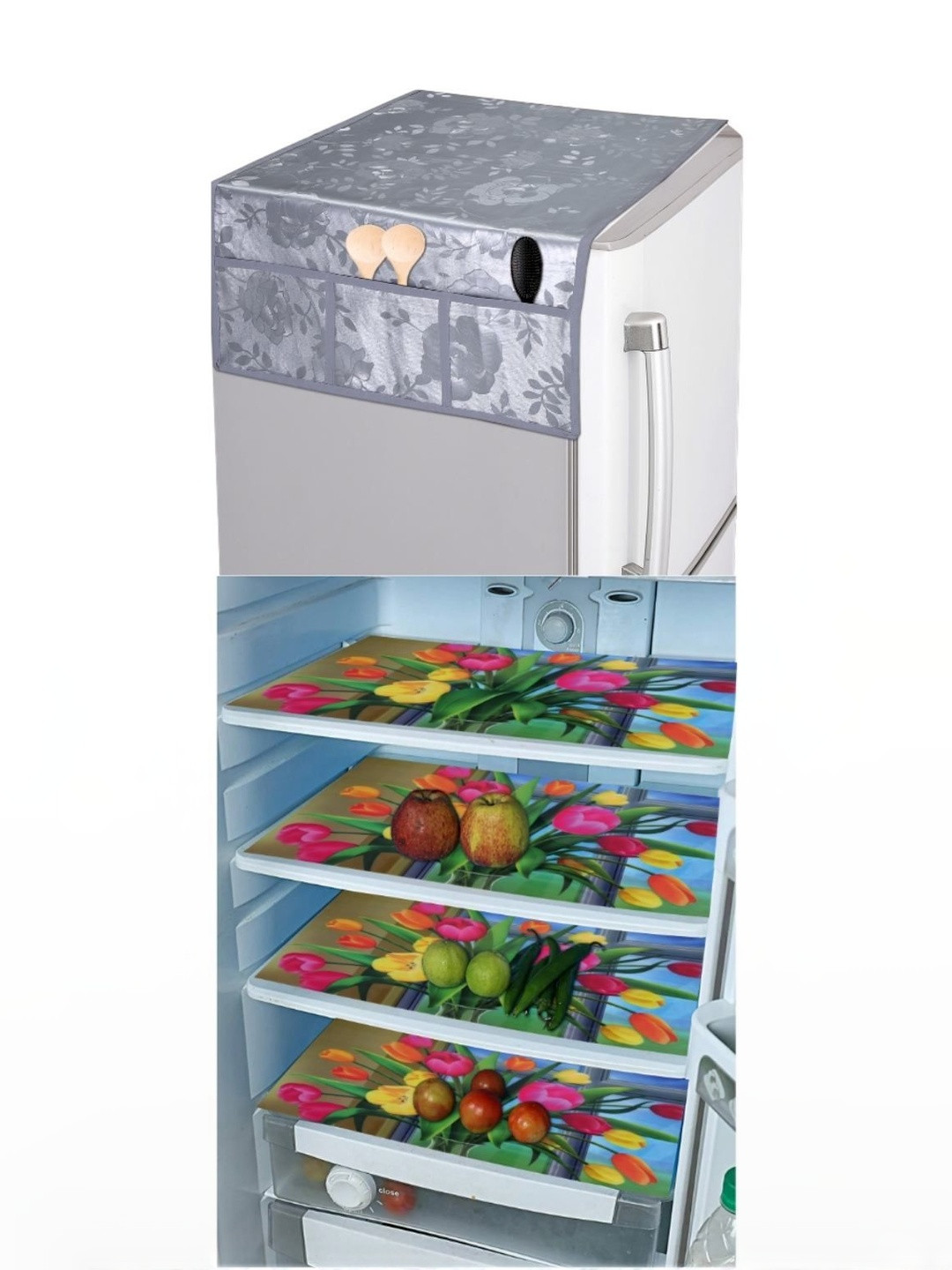 CROSMO Set Of 5 Multicolor Printed Plastic Fridge Mats & Top Cover