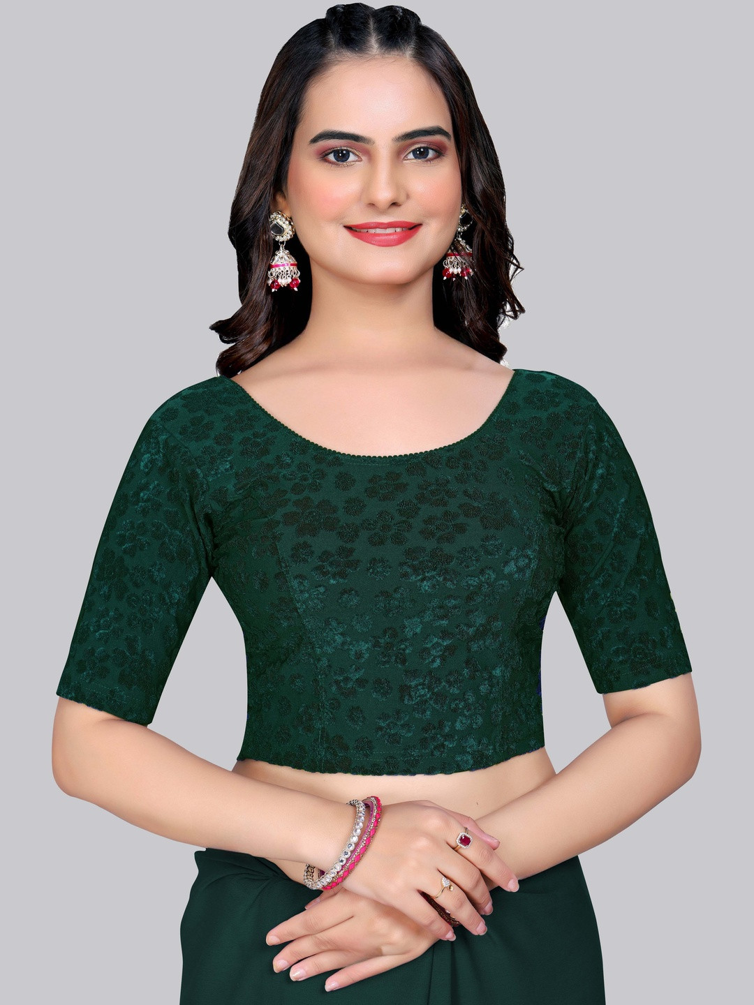 SHREEJI DESIGNER Woven Design Round Neck Short Sleeves Velvet Saree Blouse