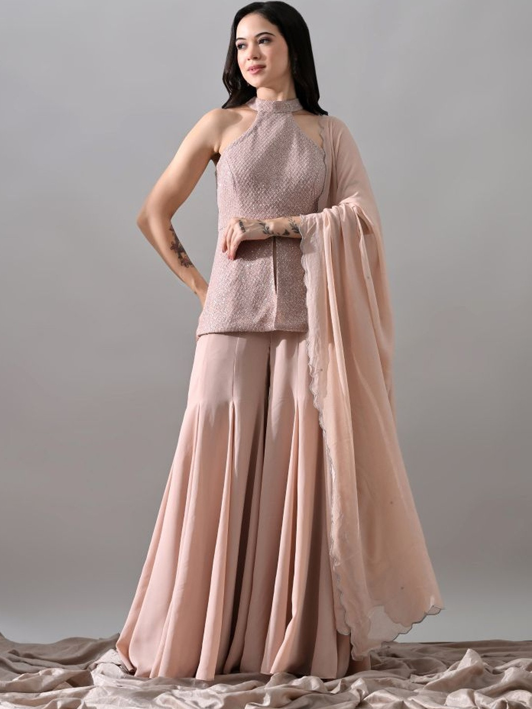 KELIN Woven Design Halter Neck Sequinned A-Line Kurta With Sharara & Dupatta