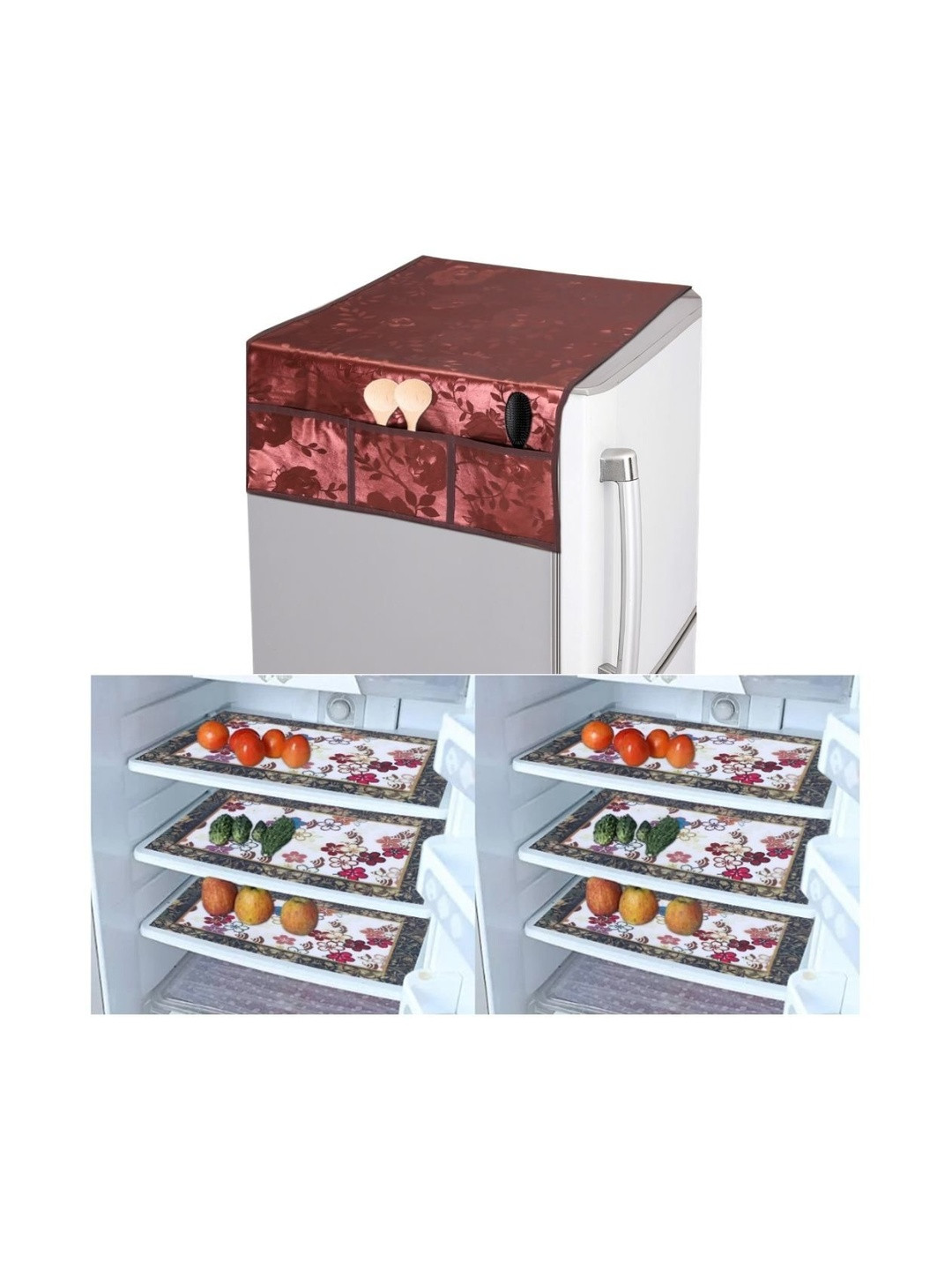 CROSMO Set Of 7 Multicolor Printed Plastic Fridge Mats & Top Cover