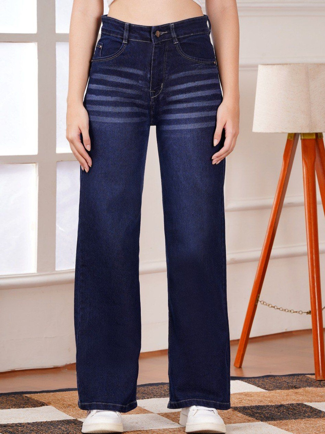 Flying Girls Women Classic Fit Wide Leg High-Rise Light Fade Acid Wash Stretchable Jeans