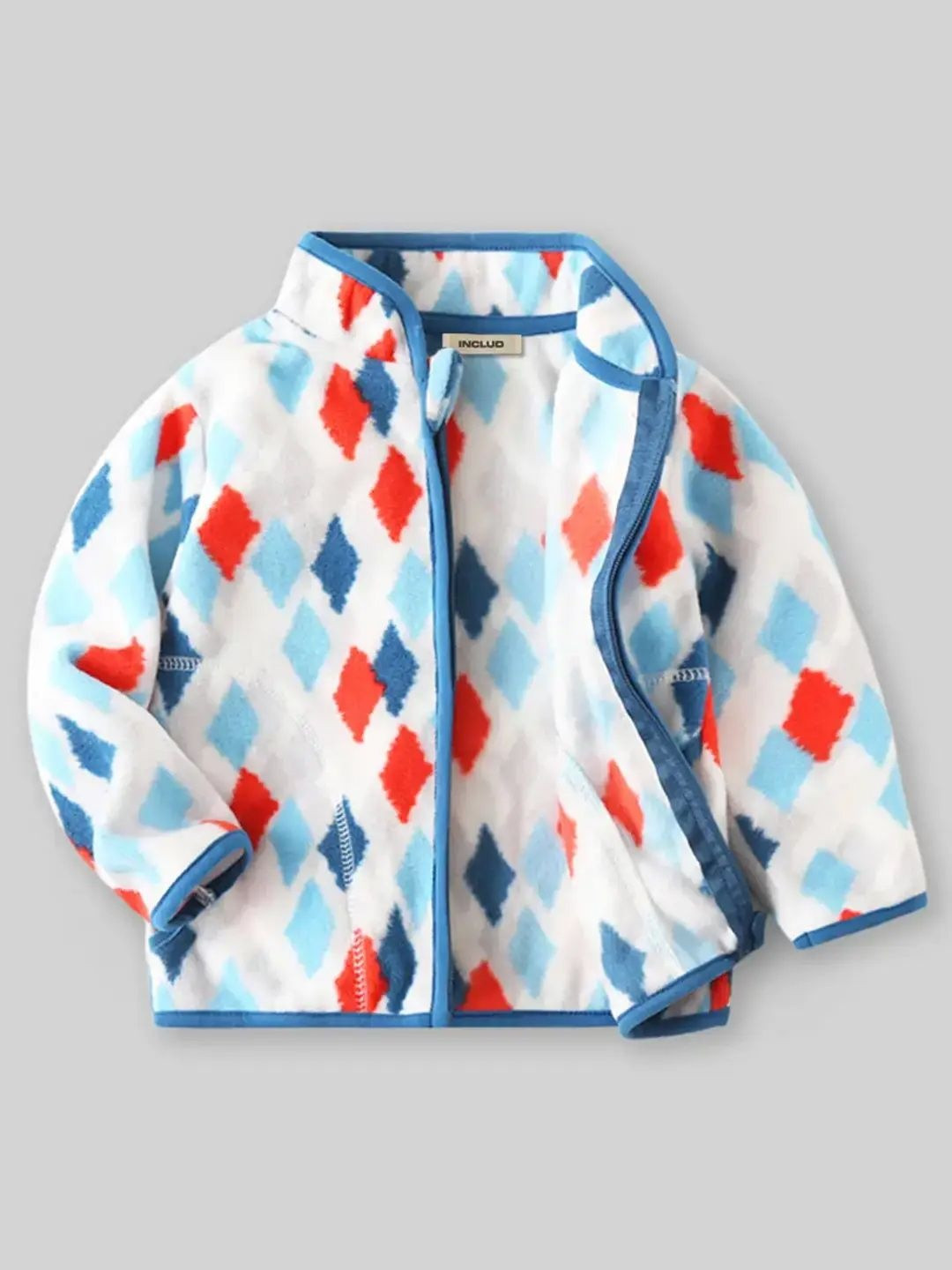 INCLUD Boys White Fleece Zipper Jacket With Self design Diamond Patterns