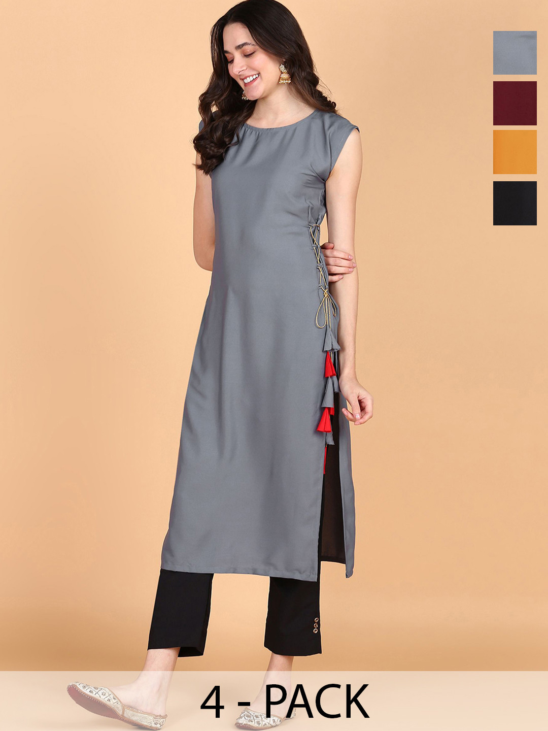 Aiza Collection Selection Of 4 Boat Neck Sleeveless Straight Kurtas