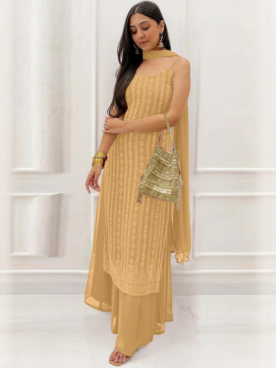 Altecia Ethnic Motifs Embroidered Scoop Neck Straight Kurta With Palazzos & Dupatta