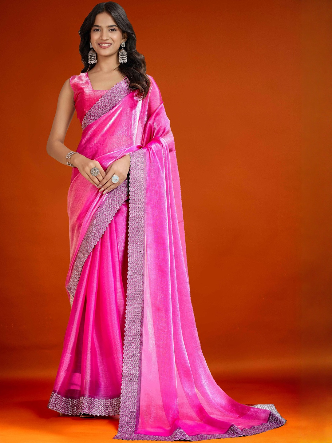 Women Woven Graceful Shimmer Saree with Embellished Edgings Silk Blend Saree