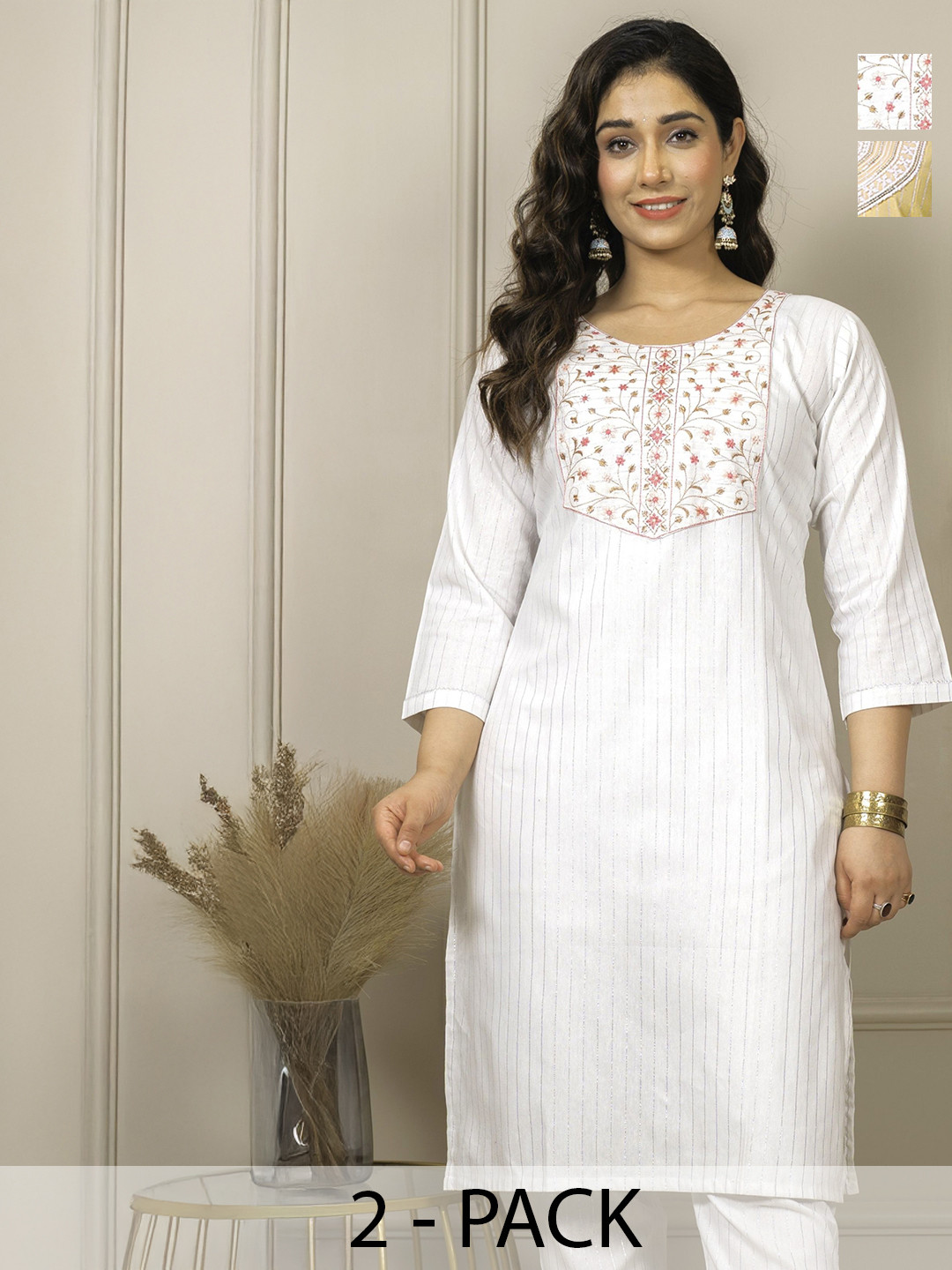 Auzanoor Collection Women Pack of 2 Embroidered Design Thread Work Kurta