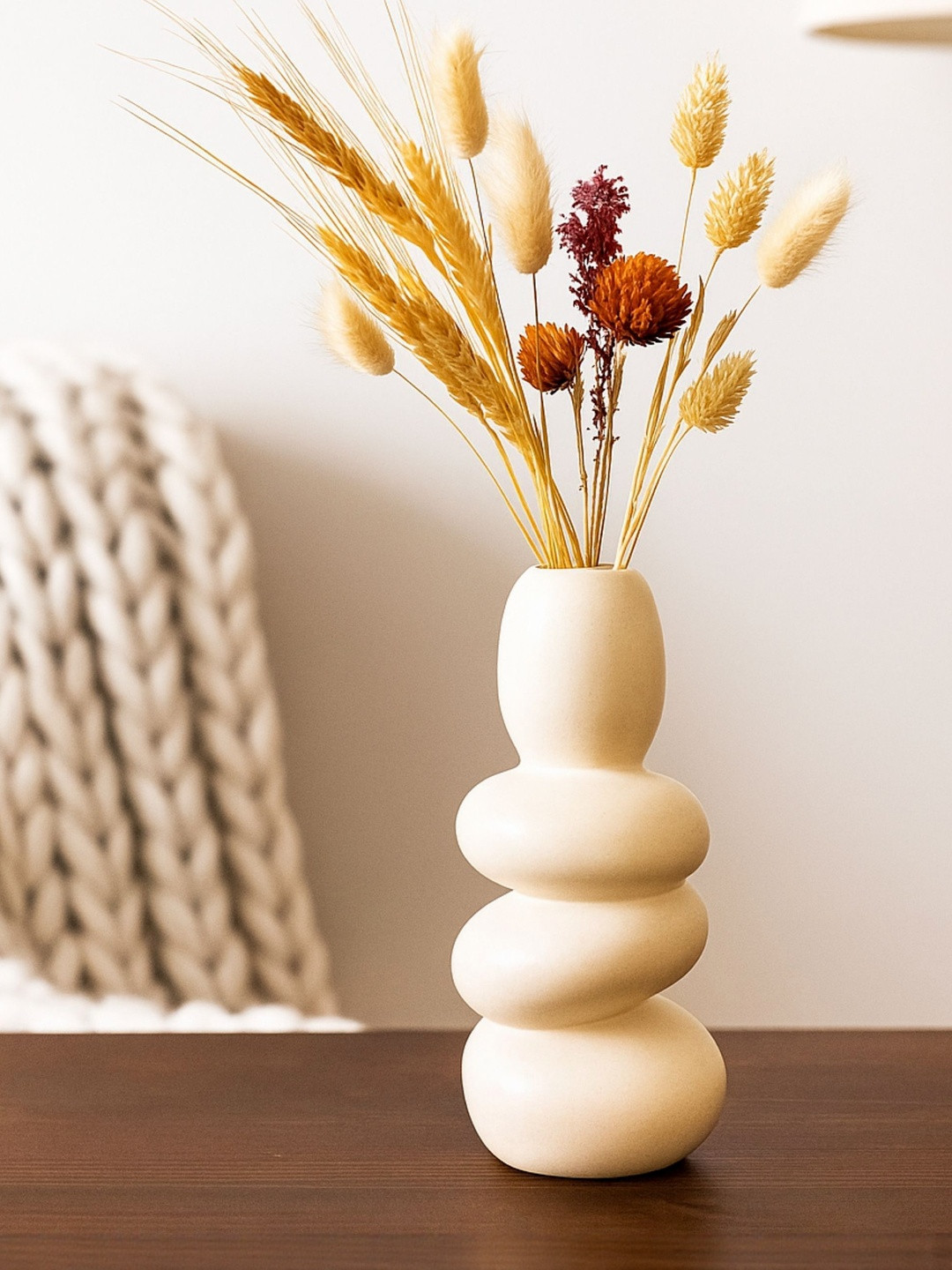 GLOBALLY INDIAN White Matte Finished Ceramic Pebble-Shaped Contemporary Flower Vase