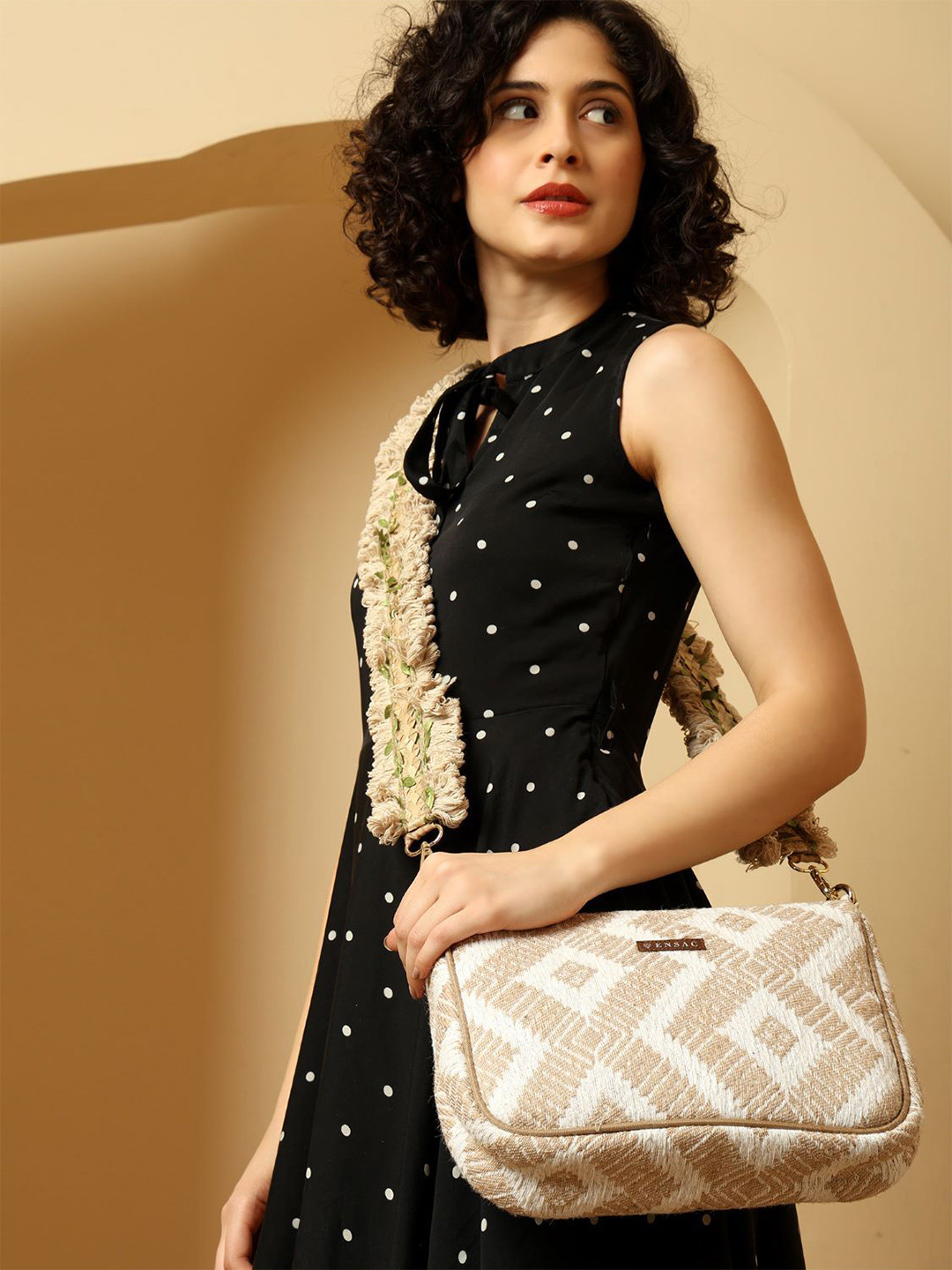 ENSAC Green & Brown Solid Crossbody Detachable Sling Strap Tasselled Tote Bag