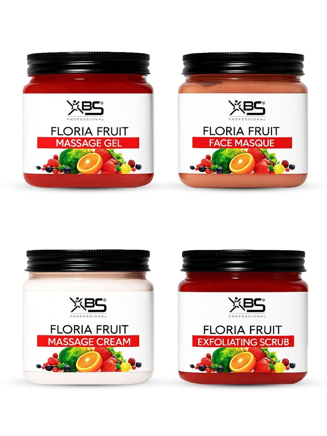 XBS Set Of 4 Floria Fruit Massage Gel- Face Masque- Massage Cream- Scrub- 380 ml Each