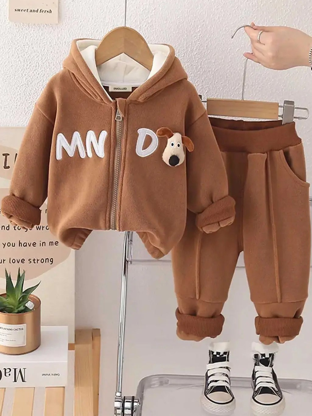 INCLUD Boys Letters Embroidered Fleece Hooded Zipper Jacket With Jogger