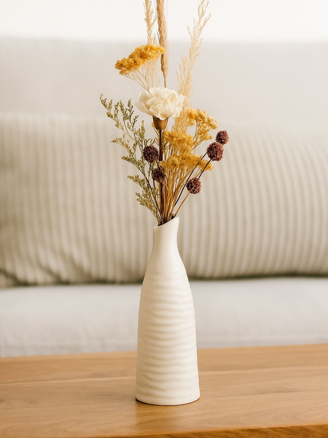 GLOBALLY INDIAN White Matte Finish Ceramic Ripple Vase