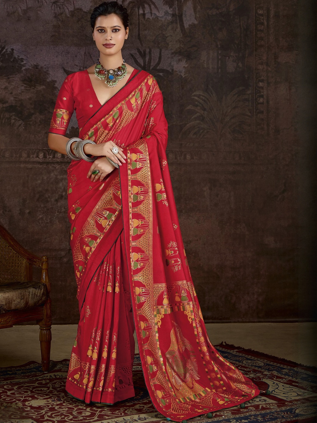 TIRA Rajwadi Printed Zari Saree With Blouse Piece
