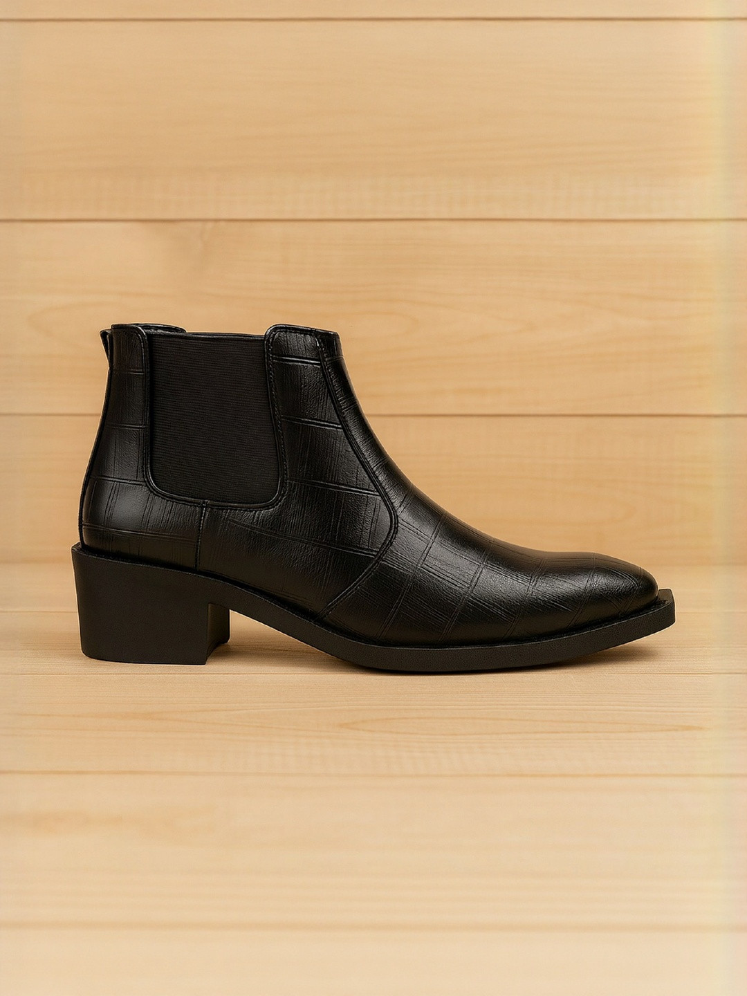 Bxxy Men Textured Blocked-Heeled Square Toe Chelsea Boots