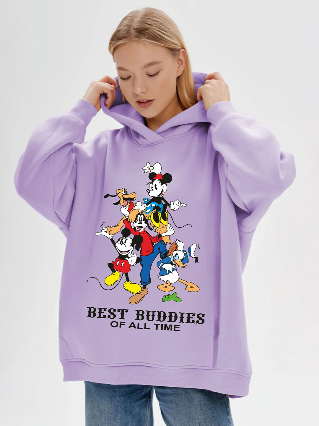 RAYACLOSET Mickey & Friends Printed Hooded Oversized Pullover Sweatshirt