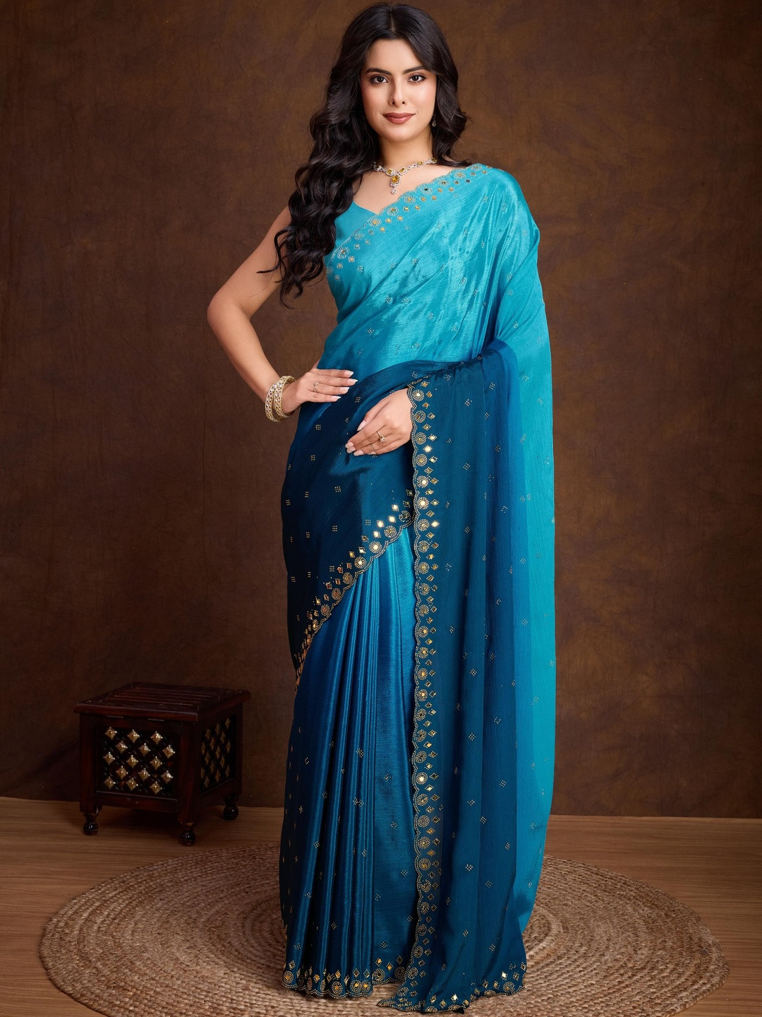 Smart Stree Embellished Mirror Work Pure Chiffon Heavy Work Saree