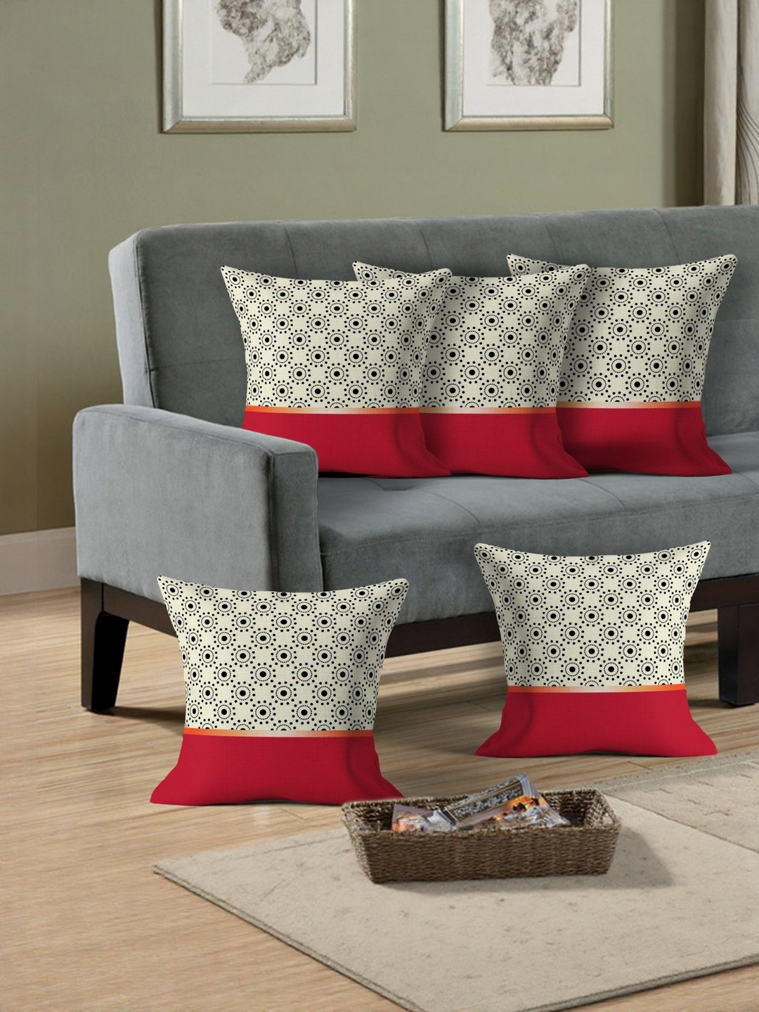 Cushion Villa Cream-Coloured & Black Set of 5 Geometric Satin Square Cushion Covers